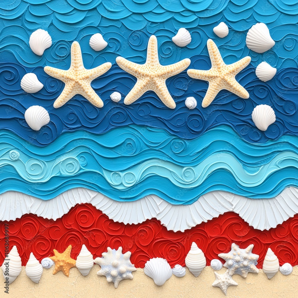 A colorful beach scene made of textured materials depicting waves and shells. A colorful beach scene made of textured materials depicting waves and shells.