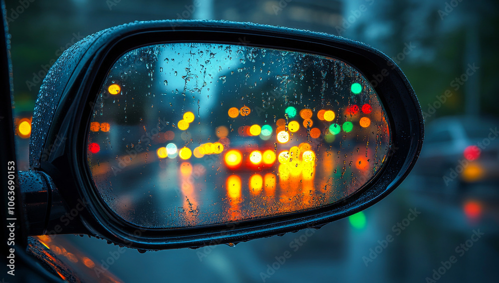 A car's rear view mirror is fogged up and shows a blurry reflection of a city street A car's rear view mirror is fogged up and shows a blurry reflection of a city street
