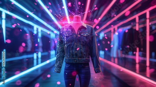 Denim jacket and jeans on a mannequin are undergoing a digital transformation, showcasing the integration of technology and fashion in a futuristic retail setting with neon lights