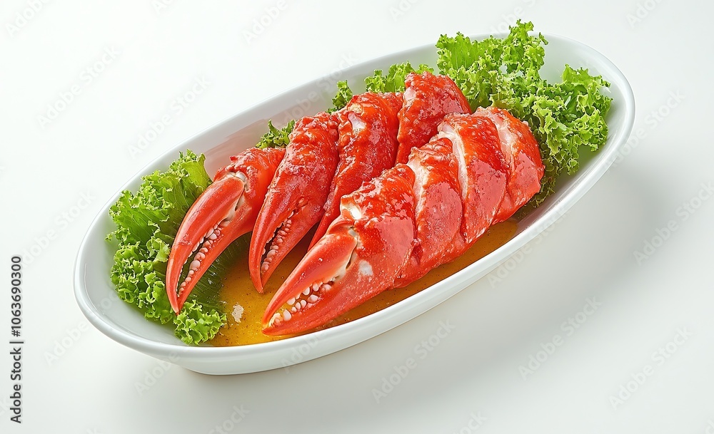 Crab claws served with lettuce garnish on white plate. Crab claws served with lettuce garnish on white plate.