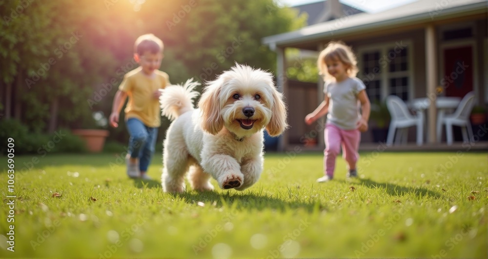 Children playing with a cheerful dog Children playing with a cheerful dog