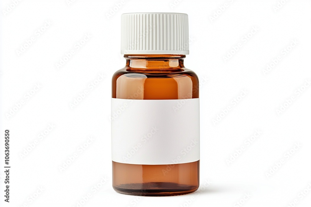 Kleine braune Apothekerflasche mit leerem weißen Etikett auf weißem Hintergrund, Mockup Kleine braune Apothekerflasche mit leerem weißen Etikett auf weißem Hintergrund, Mockup