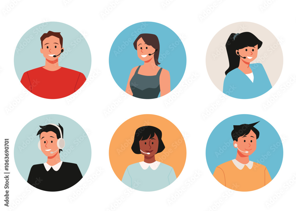 Vector set of call center avatars depicting male and female agents with headphones and microphones Vector set of call center avatars depicting male and female agents with headphones and microphones