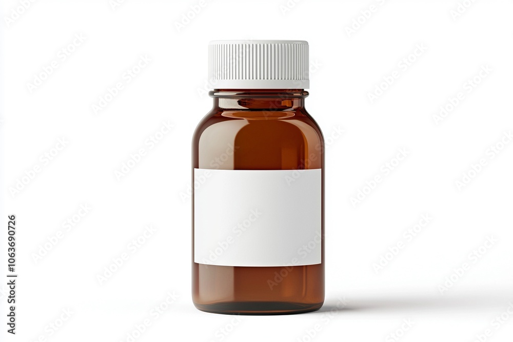 Kleine braune Apothekerflasche mit leerem weißen Etikett auf weißem Hintergrund, Mockup 