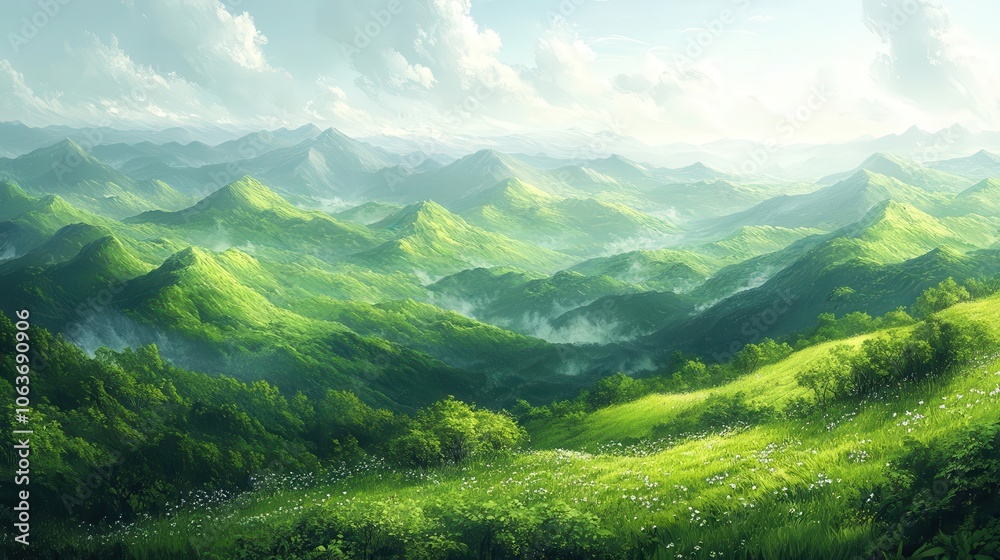 Fototapeta premium painting of verdant green hills under a bright sky emphasizing the beauty of nature with soft brush strokes and an impressionistic style