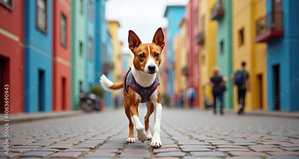 Playful dog running in colorful street Playful dog running in colorful street