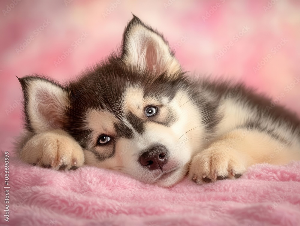 Fluffy Alaskan malamute puppy on a solid pink background, soft and cuddly Fluffy Alaskan malamute puppy on a solid pink background, soft and cuddly