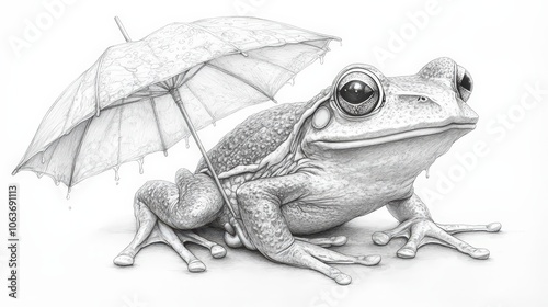 illustration of a frog with an umbrella, drawn in pencil photo