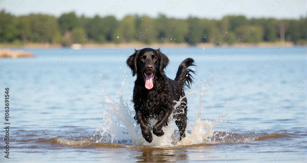 Happy black dog splashing in the water Happy black dog splashing in the water
