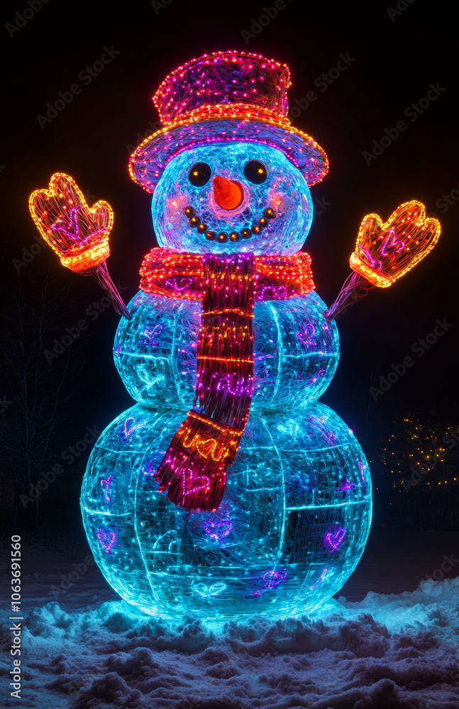 Fototapeta premium A snowman with a scarf and hat is lit up in neon colors. The snowman is smiling and he is happy. The bright colors and cheerful expression give the image a festive and joyful mood