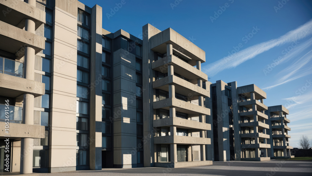 Fototapeta premium Modern Concrete Apartment Buildings Under Clear Blue Sky, Showcasing Brutalist Architecture