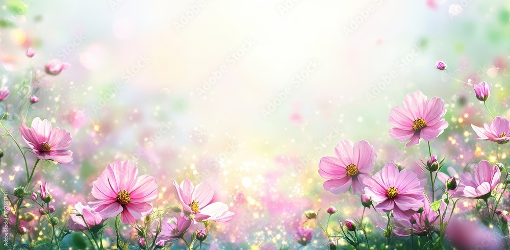A serene landscape of blooming pink flowers, set against a soft, dreamy background filled with light and gentle colors.