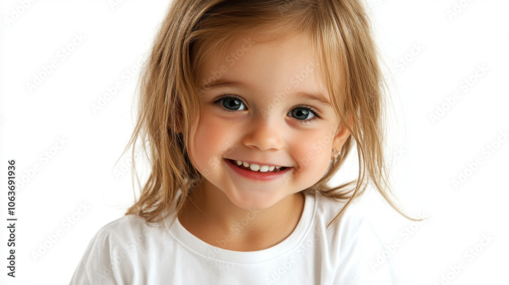 Smiling girl with long hair wearing white shirt, radiating joy and innocence. Her bright eyes and cheerful expression capture moment of pure happiness Smiling girl with long hair wearing white shirt, radiating joy and innocence. Her bright eyes and cheerful expression capture moment of pure happiness