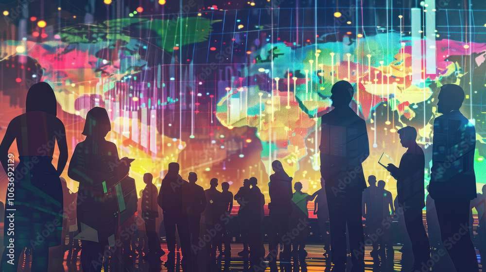 Obraz premium A visual of global investors analyzing international markets, with data charts and currency exchange rates representing wealth across continents.