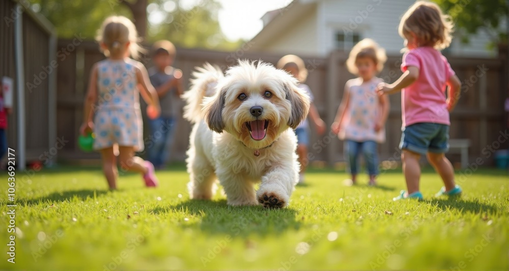 Playful dog in a vibrant backyard