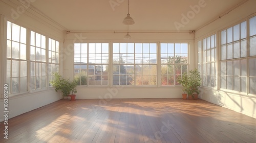 Empty industrial warehouse with large windows, soft natural light, and minimal structural elements