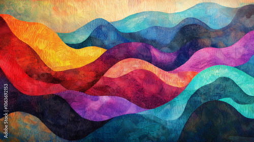 A colorful drawing with waves, in the style of textured fabrics