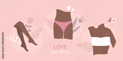 African american woman with unshaved hairy legs, armpit and bikini zone. Skin care, female character love your body. Self acceptance, beauty diversity,