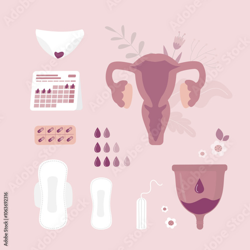 Elements or pictograms of feminine hygiene. Menstrual cycle set of objects - uterus, panties, hormonal birth control pills, menstrual cup, tampon, pads and calendar.
