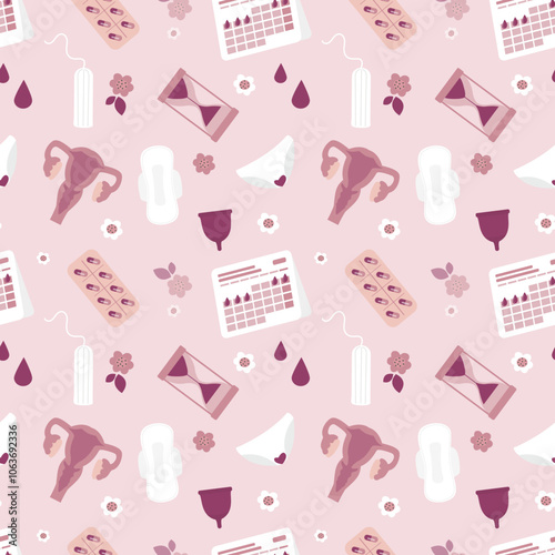 Elements of feminine hygiene seamless pattern. Menstrual cycle set of objects, texture wallpaper. Uterus, panties, hormonal birth control pills, menstrual cup, tampon,