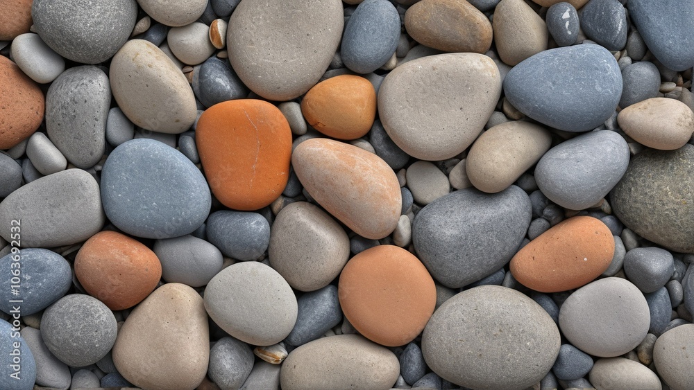 A close-up image of a pebble bed displaying a variety of colors and sizes, including gray, orange, and white. A close-up image of a pebble bed displaying a variety of colors and sizes, including gray, orange, and white.