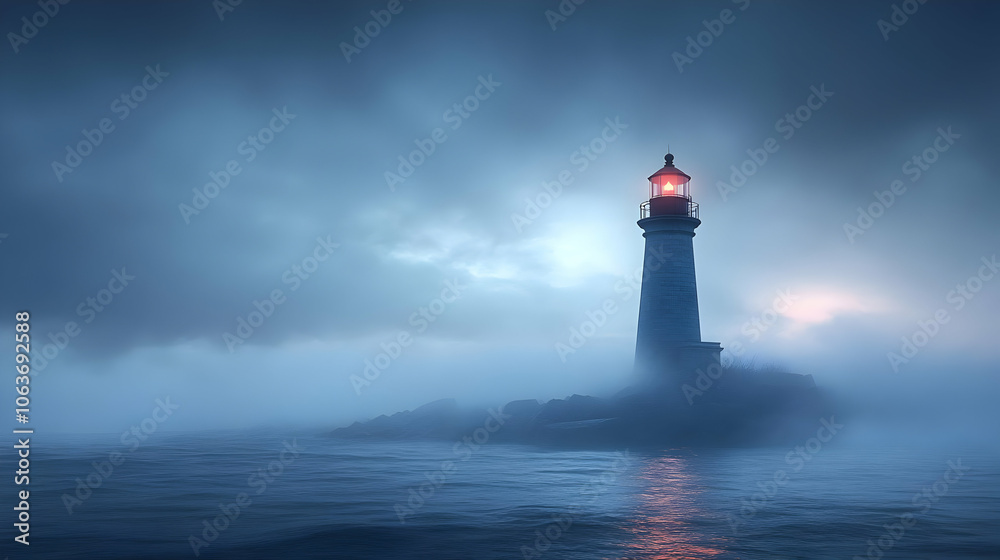 Lighthouse in Foggy Sea - 3D Illustration Lighthouse in Foggy Sea - 3D Illustration