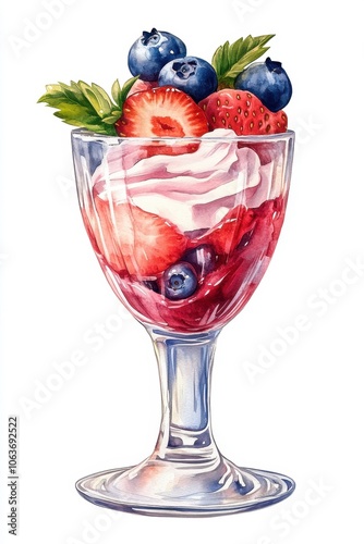 watercolor painting of berry dessert in glass goblet