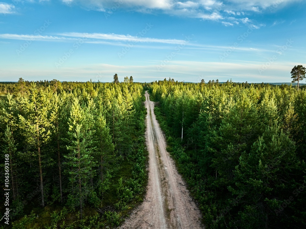 dirt road stretches through a vast forest. The trees are lush green, and the sky is a clear blue dirt road stretches through a vast forest. The trees are lush green, and the sky is a clear blue