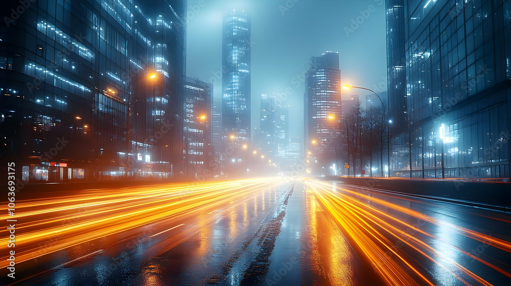 Cityscape with Street Lights and Traffic at Night Cityscape with Street Lights and Traffic at Night
