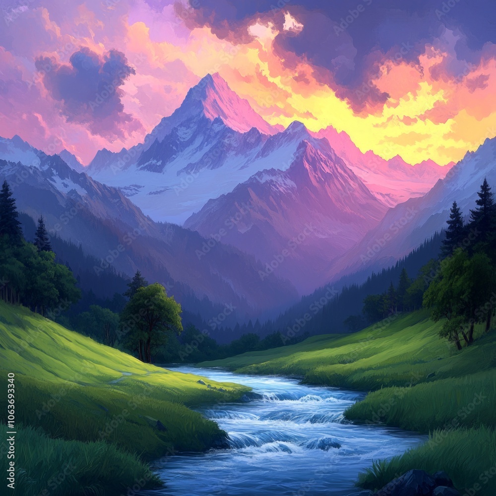 Fototapeta premium A serene mountain landscape at sunset with a flowing river and lush greenery.