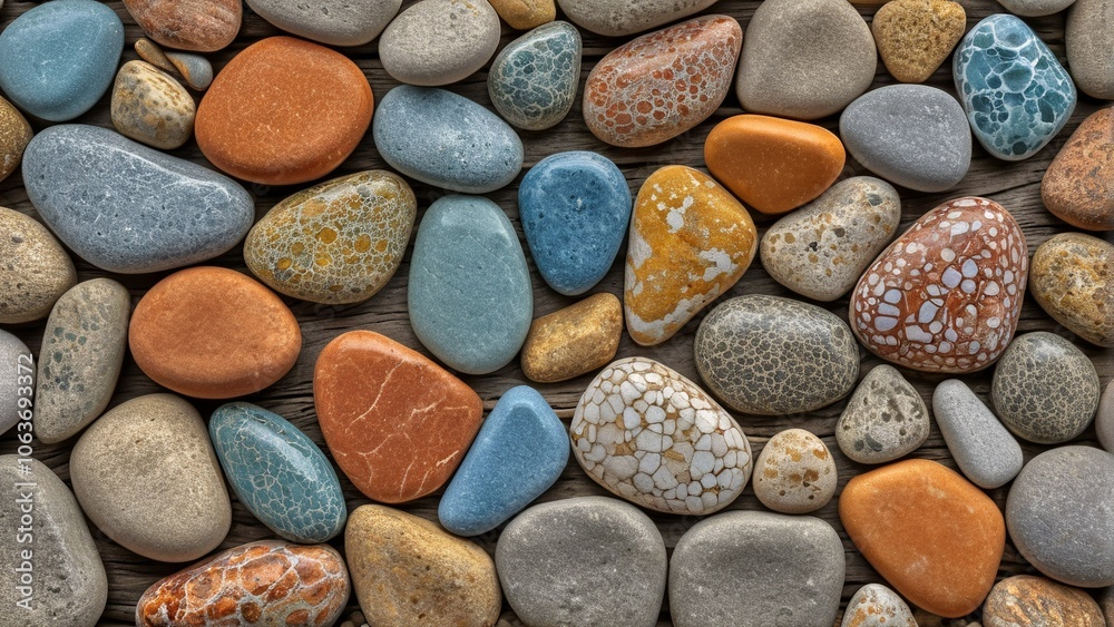 A diverse collection of colorful pebbles and stones arranged on a wooden surface. A diverse collection of colorful pebbles and stones arranged on a wooden surface.