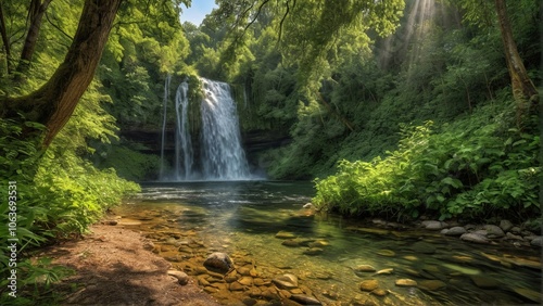 A serene waterfall cascades into a clear pool, surrounded by lush greenery and framed by a tree trunk on the left side.