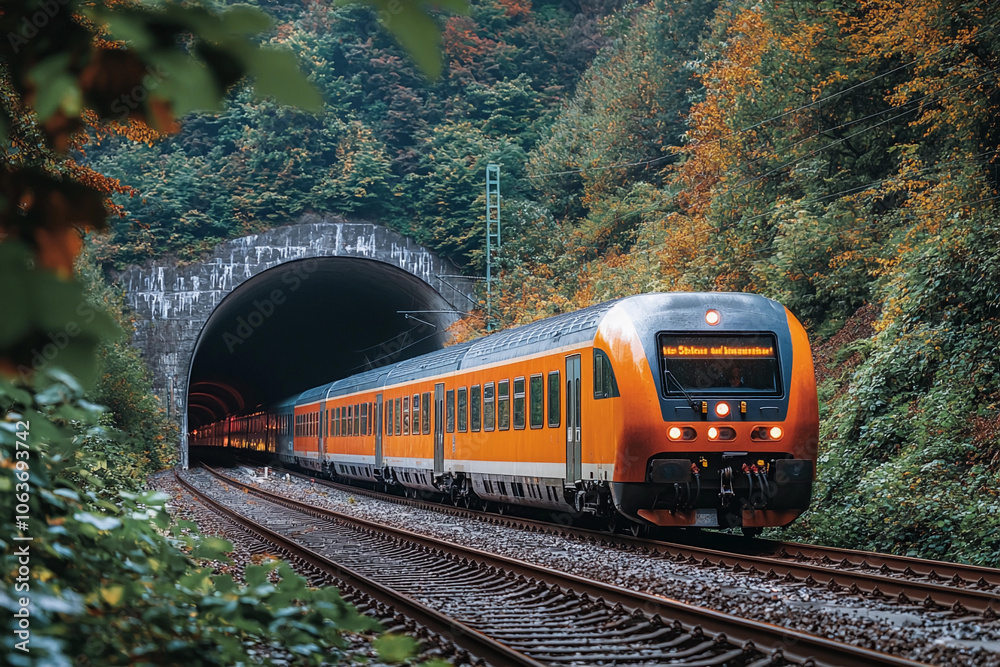 Fototapeta premium Bright orange train entering a forest tunnel during autumn afternoon
