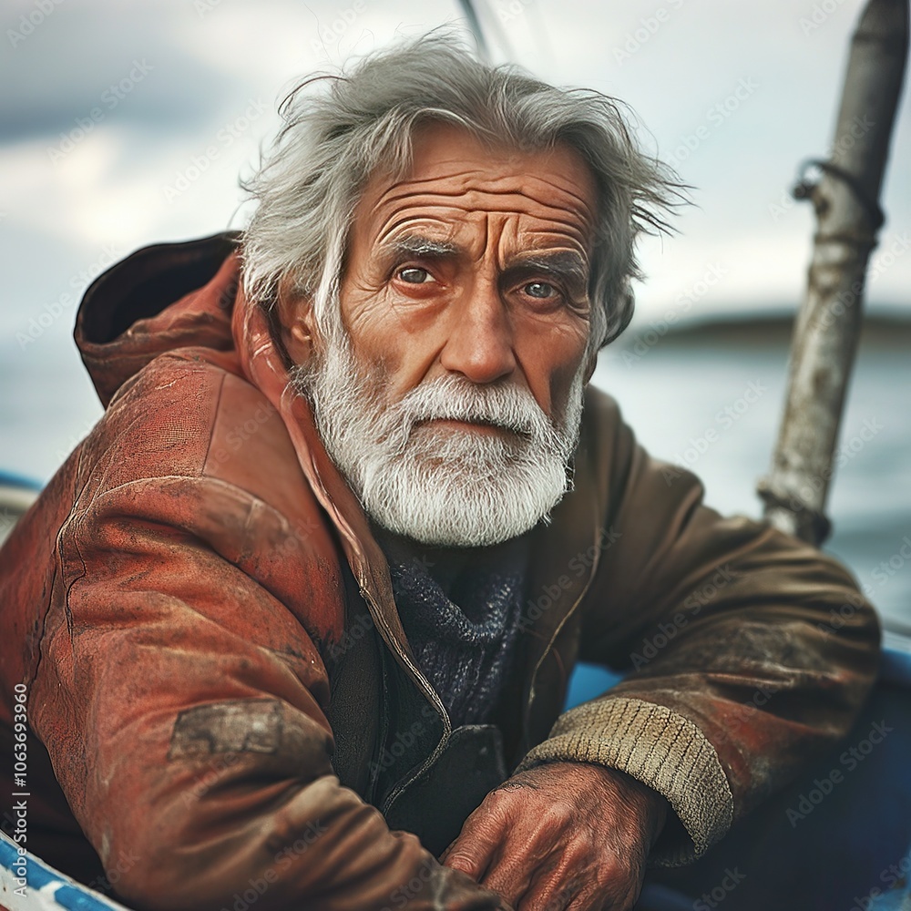 Elderly fisherman with weathered look on boat. Elderly fisherman with weathered look on boat.