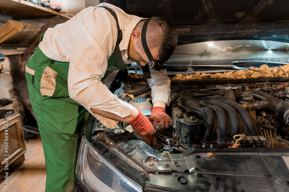 Mechanic in Green Overalls Repairing Car Engine in Workshop