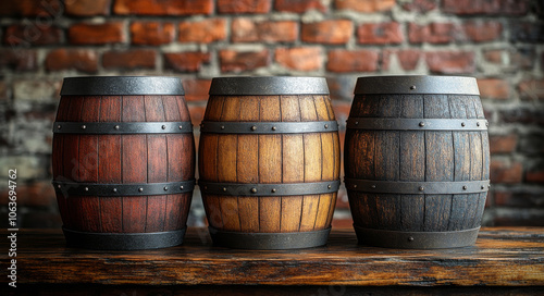 Three barrels of different colors are lined up on a wooden table. The barrels are made of wood and have a rustic appearance. The arrangement of the barrels creates a sense of depth and dimension