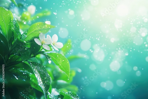 Fresh spring blossom with water droplets on green leaves