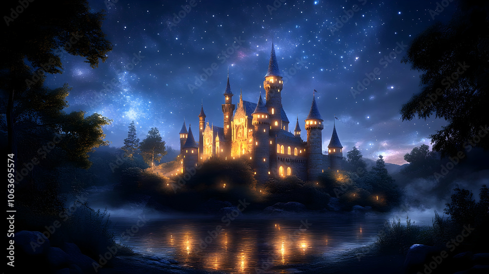 Fototapeta premium Fantasy Castle Illustration with Starry Night Sky