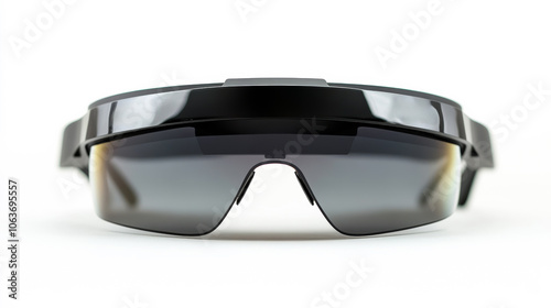 A pair of sunglasses with a black frame and a silver tint. The sunglasses are on a white background