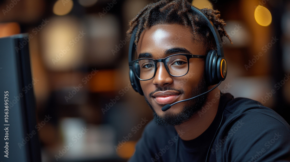 A man wearing glasses and a headset is smiling at the camera. He is wearing a black shirt and he is working on a computer A man wearing glasses and a headset is smiling at the camera. He is wearing a black shirt and he is working on a computer