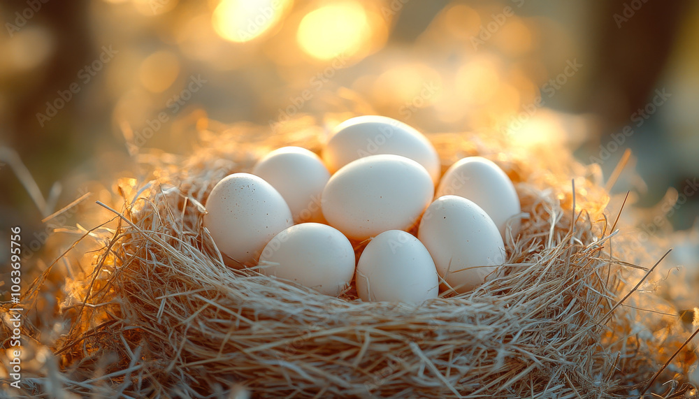 A nest of eggs is sitting on a straw-like material. The eggs are white and appear to be fresh. The nest is small and cozy, providing a safe and comfortable environment for the eggs A nest of eggs is sitting on a straw-like material. The eggs are white and appear to be fresh. The nest is small and cozy, providing a safe and comfortable environment for the eggs