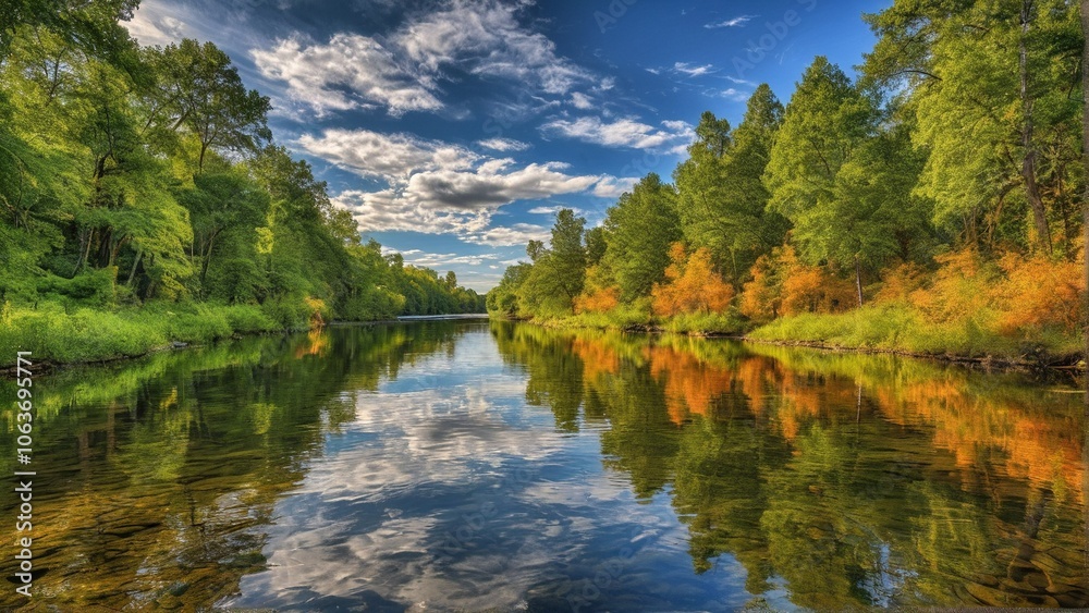 A serene river reflects the surrounding trees and sky, with a clear blue sky and fluffy white clouds above. A serene river reflects the surrounding trees and sky, with a clear blue sky and fluffy white clouds above.