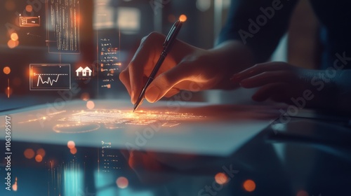 Realistic 3D illustration of a hand signing a property deed digitally, with floating icons for loan approval, credit rating, and ownership verification in a soft, professional glow