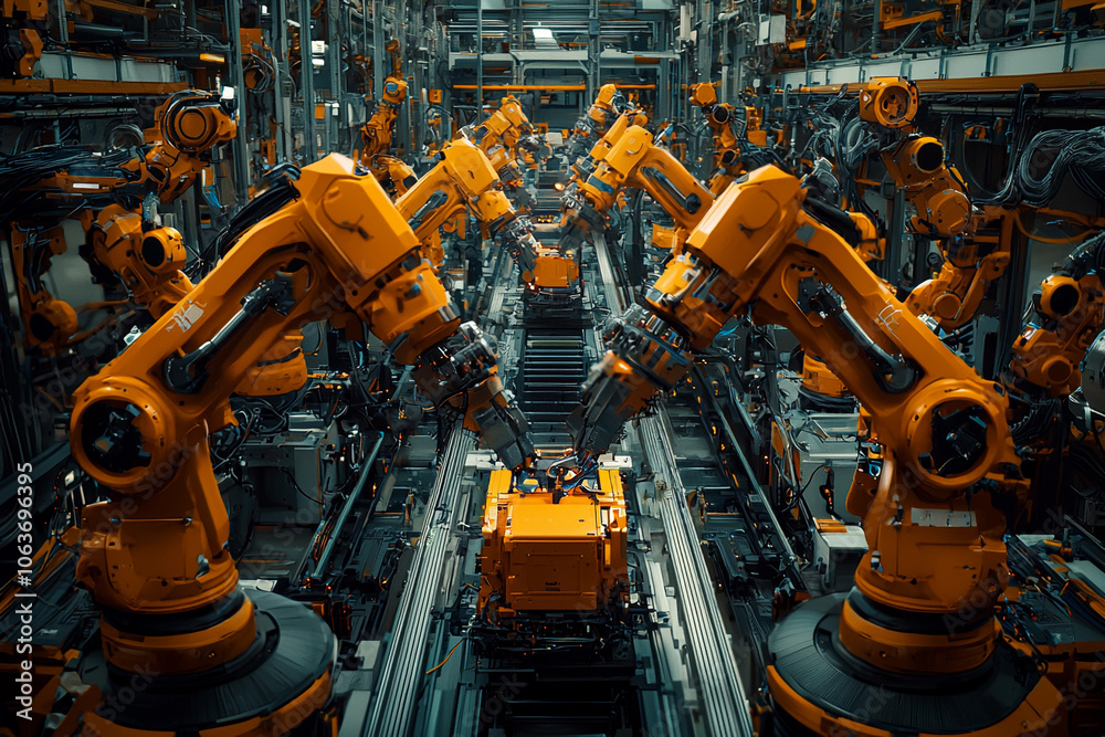 A series of robotic arms operate in unison on an assembly line A series of robotic arms operate in unison on an assembly line