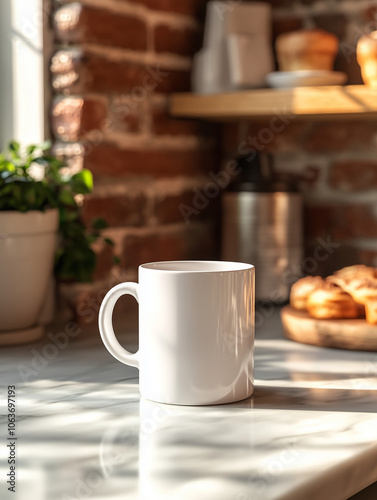 Mockup of a white mug in a coffee shop next to a pastry display, capturing a cozy and inviting atmosphere.