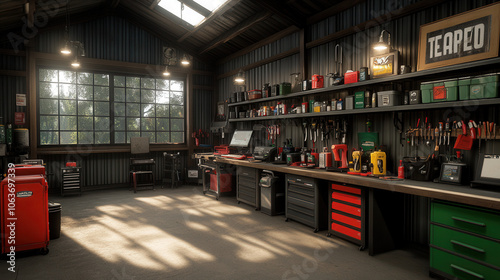 well organized mechanic workshop with tools, cabinets, and natural light. space features red and green toolboxes, workbenches, and large window