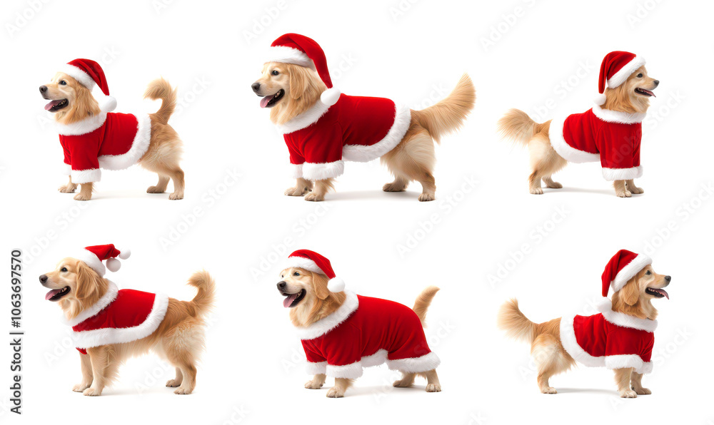 Six images of a golden retriever dog wearing a Santa Claus costume isolate on white background. Six images of a golden retriever dog wearing a Santa Claus costume isolate on white background.