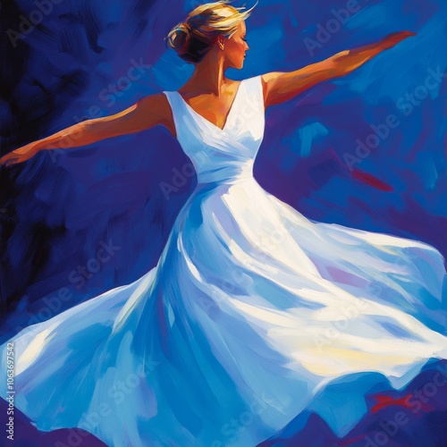 A woman in a flowing white dress dances gracefully against a vibrant background.