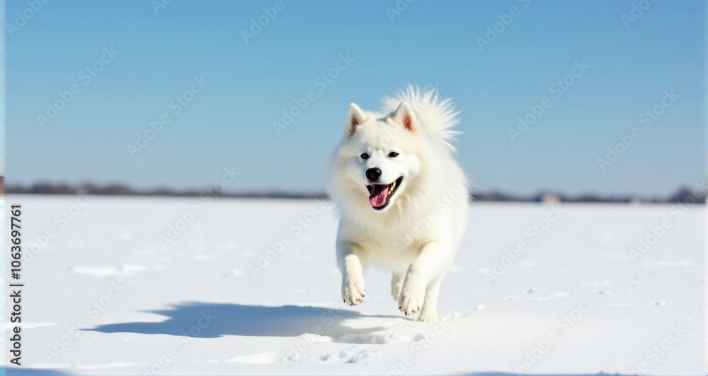 Joyful white dog running through snow Joyful white dog running through snow