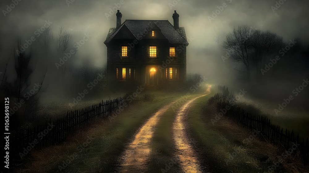Foggy House on a Winding Path Illustration Foggy House on a Winding Path Illustration